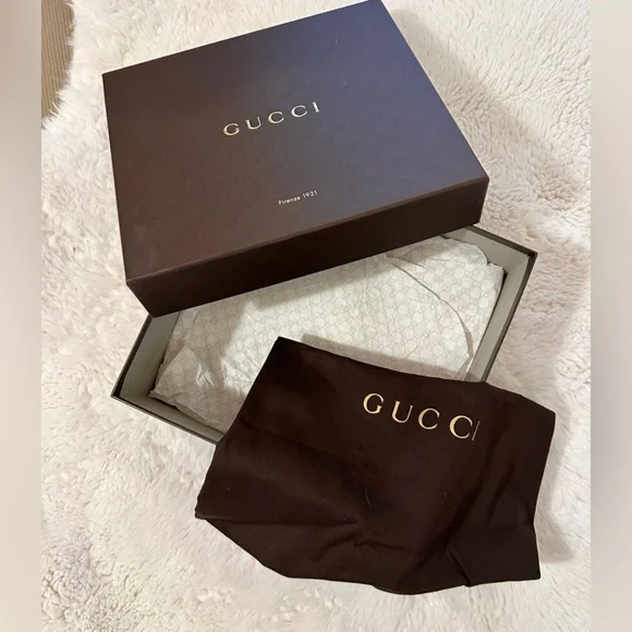 Authentic Gucci GG Logo Embossed Dark Brown Medium Gift Box, Tissue Paper & Bag